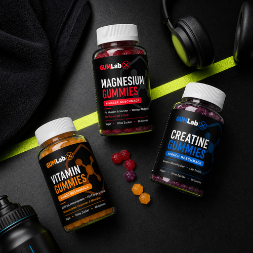 GUMLab Starter Pack mit drei Gummies-Dosen als sportliches Flatlay
