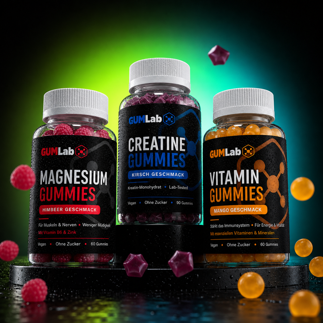 GUMLab Starter Pack mit allen drei Gummies im Lime-Cyan-Licht