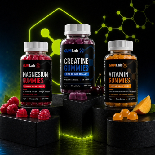 GUMLab Starter Pack mit Magnesium-, Kreatin- und Vitamin-Gummies im Neon-Studio